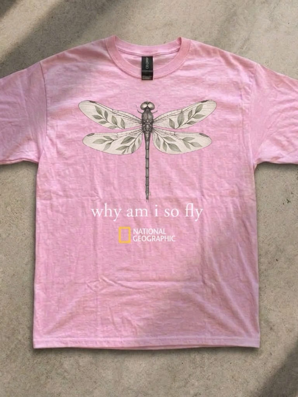 National Geographic light pink dragonfly-print T-shirt—charming and stylish